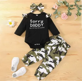 2 Pieces Set Baby Girls Letters Rompers And Camo Pants