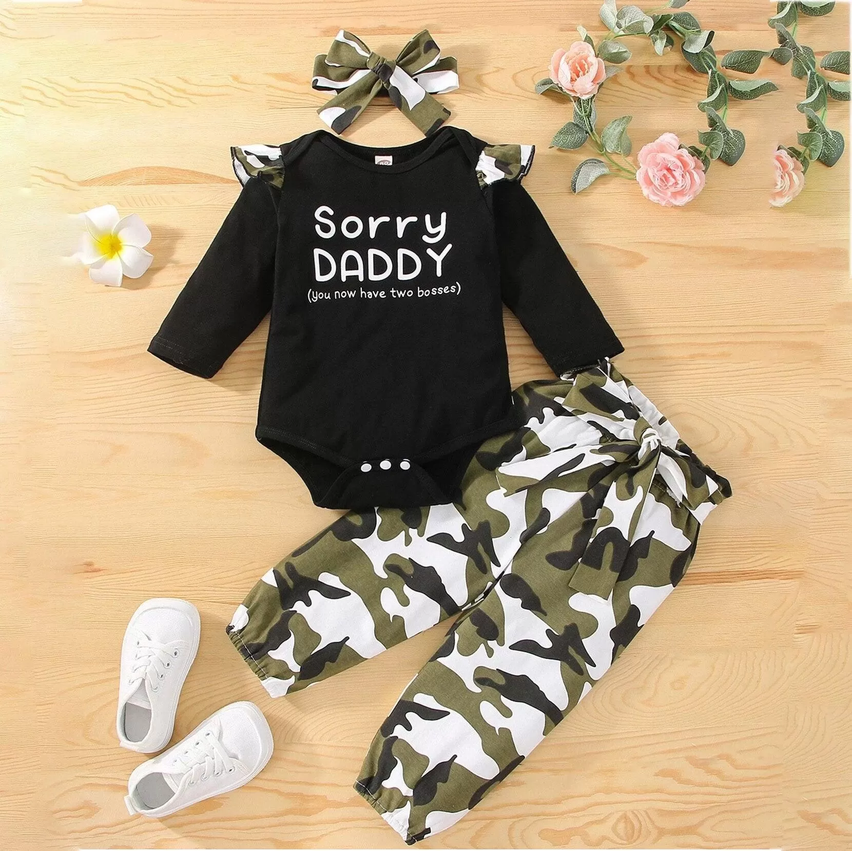 2 Pieces Set Baby Girls Letters Rompers And Camo Pants