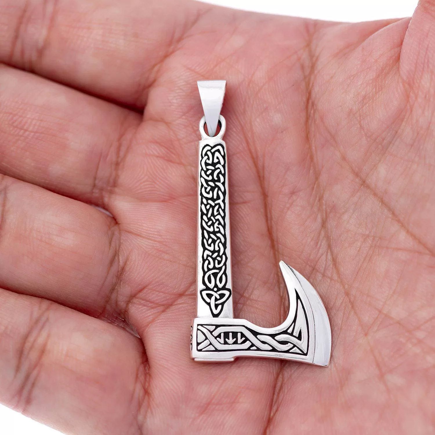 925 Sterling Silver Axe Pendant With Celtic Knot and Triquetra Inscriptions