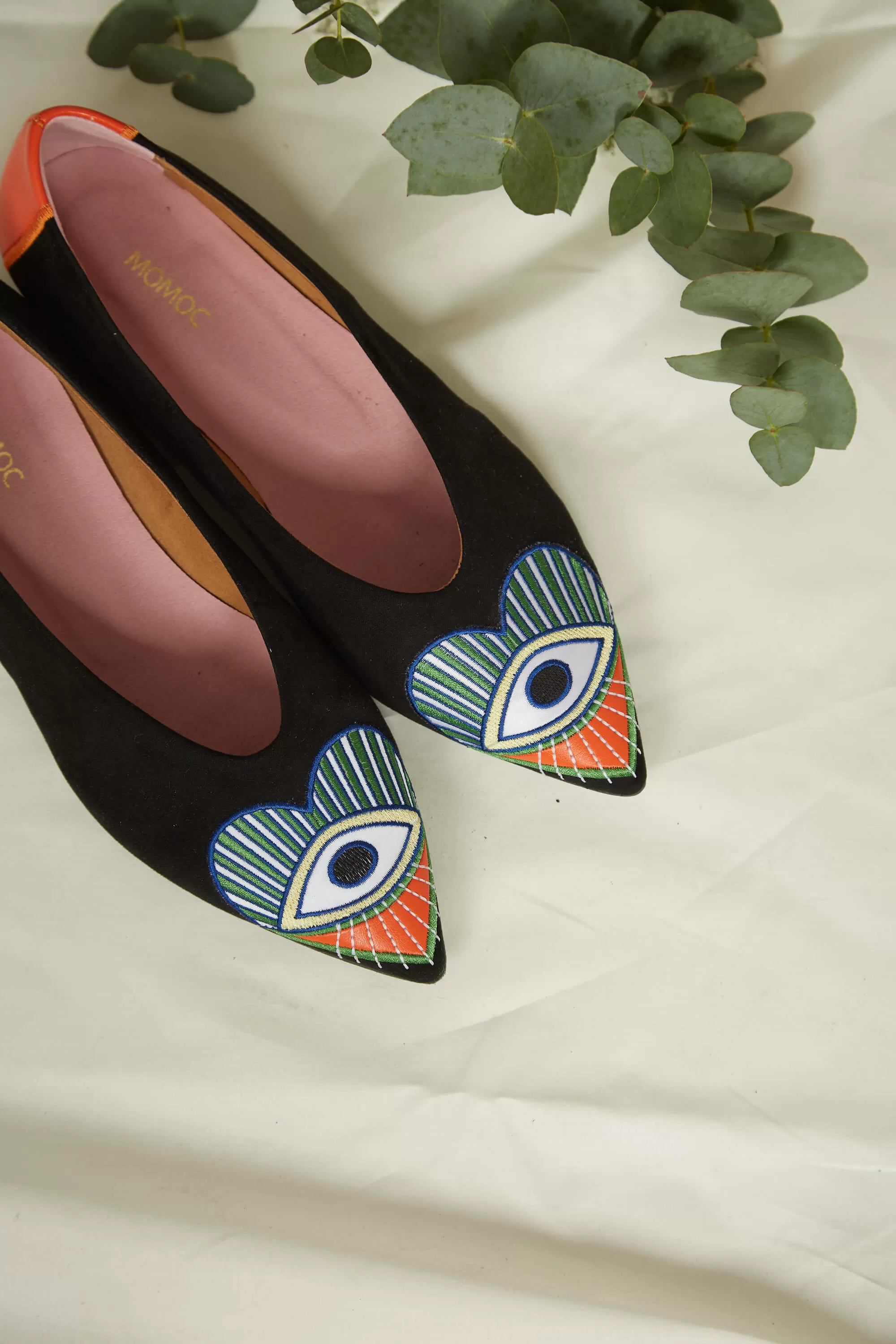 A Glance Vegan Eco Suede Embroidered Ballerinas | Black & Orange