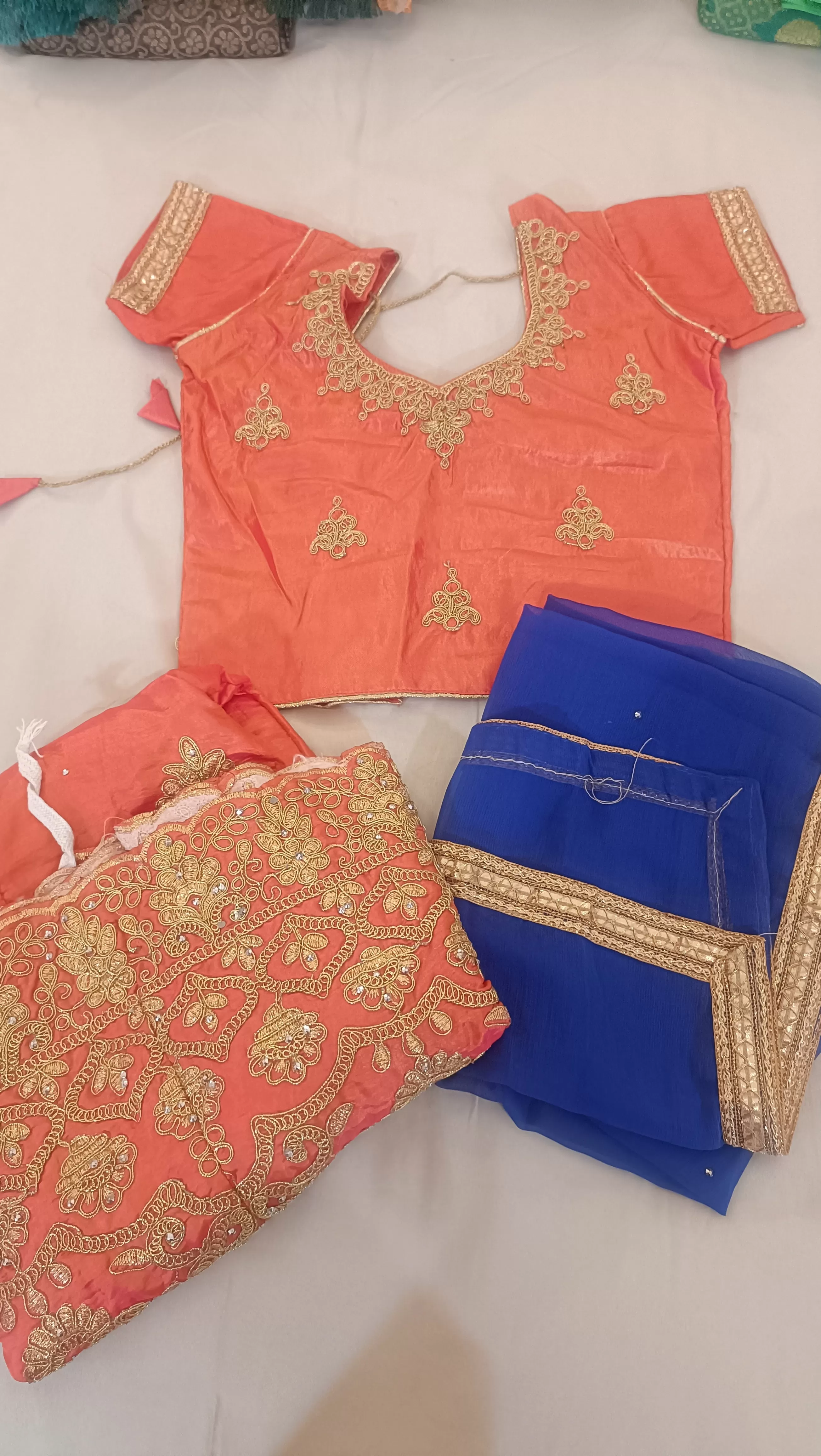 Beautiful Orange And Blue Lehenga Set With Dupatta For Kids