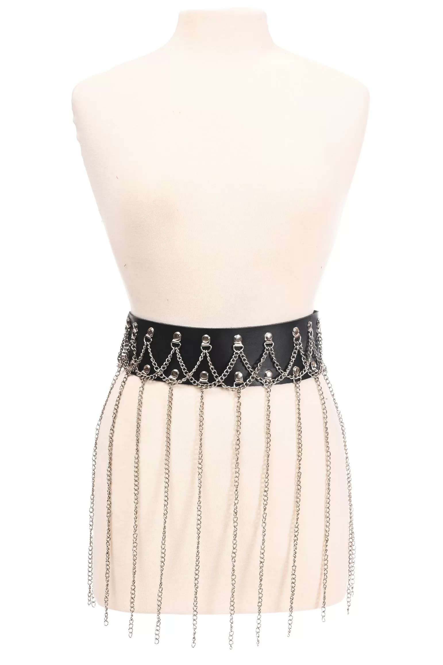 Black Faux Leather & Silver Chain Fringe Skirt