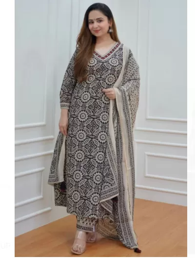 Black White A Line Cotton Afghani Style Suit