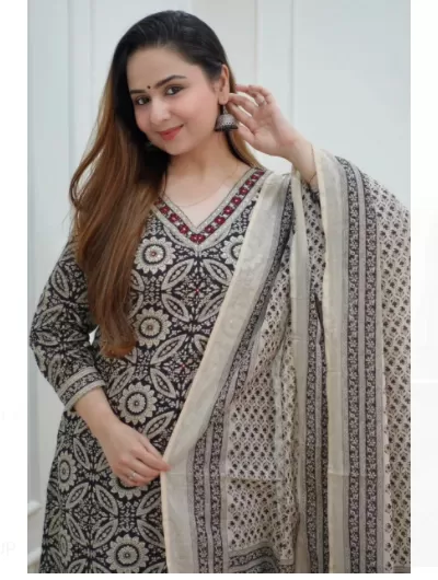 Black White A Line Cotton Afghani Style Suit