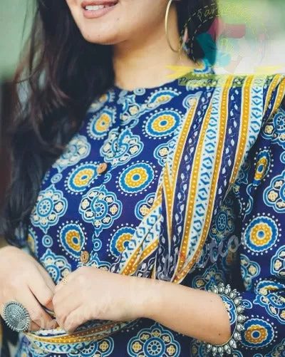 Blue Cotton Ajrakh Print Afghani Suit Set