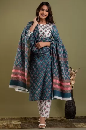 Blue Floral Print Cotton Salwar Suit Set