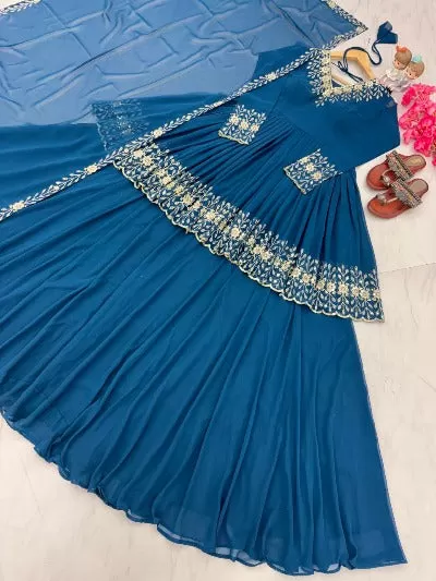 Blue Georgette Designer Partywear  Kurti Lehenga 3pc Set