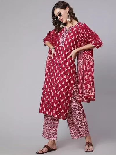 Brick Red Pure Cotton Handblock Salwar Suit Set