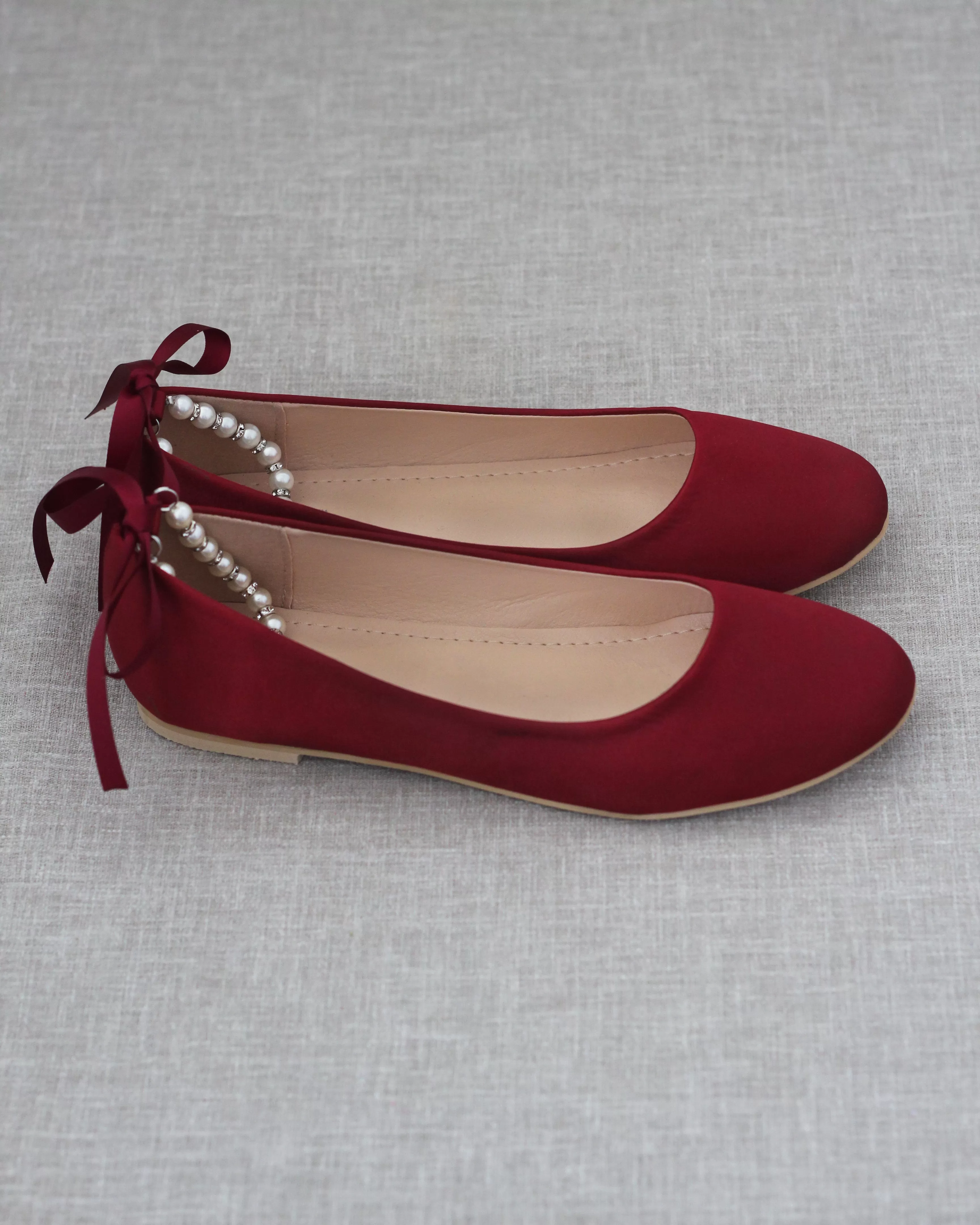 Burgundy Round Toe Evening Flat with Pearl Strap