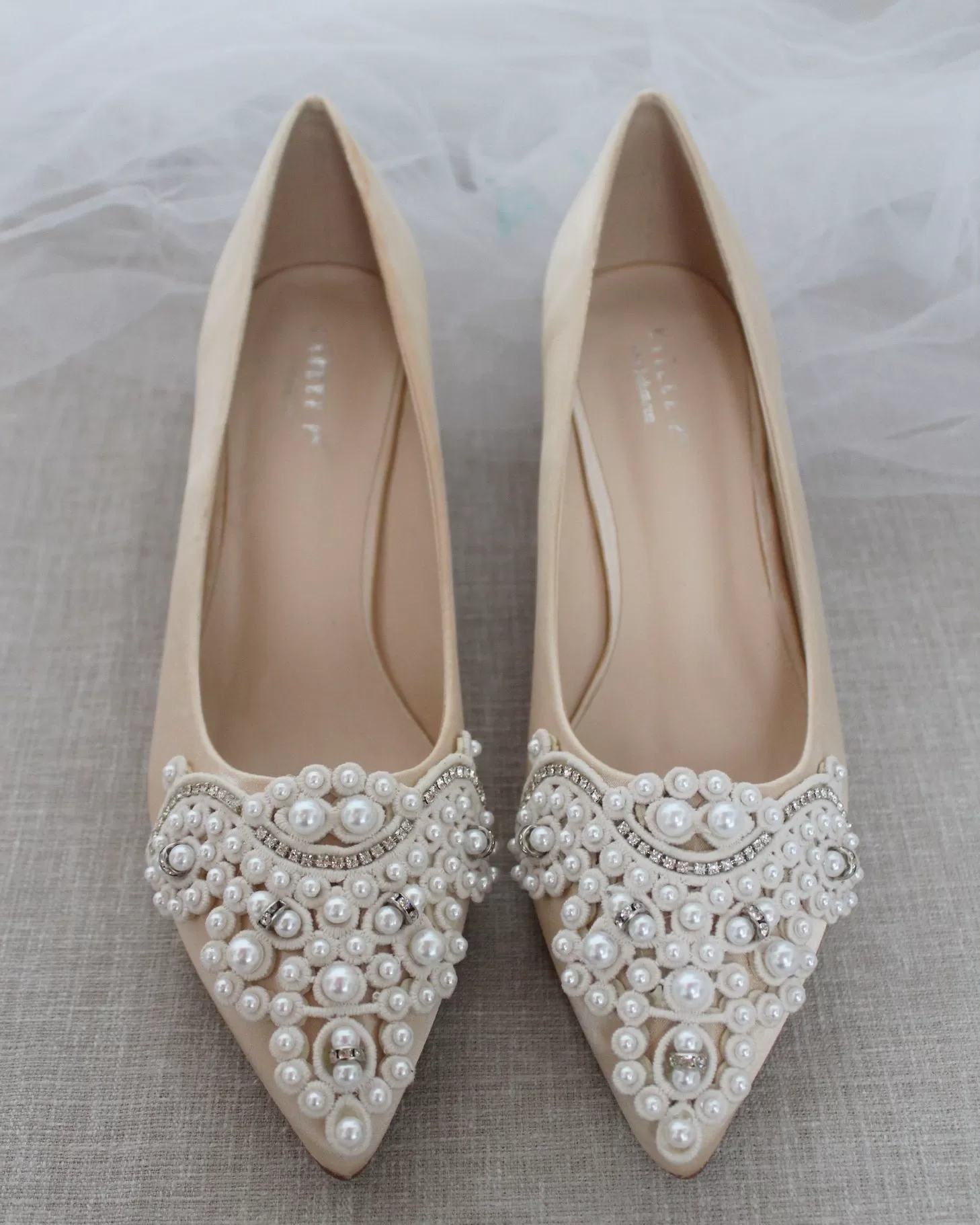 Champagne Satin Pointy Toe Pump Low Heel with Oversized Pearls Applique