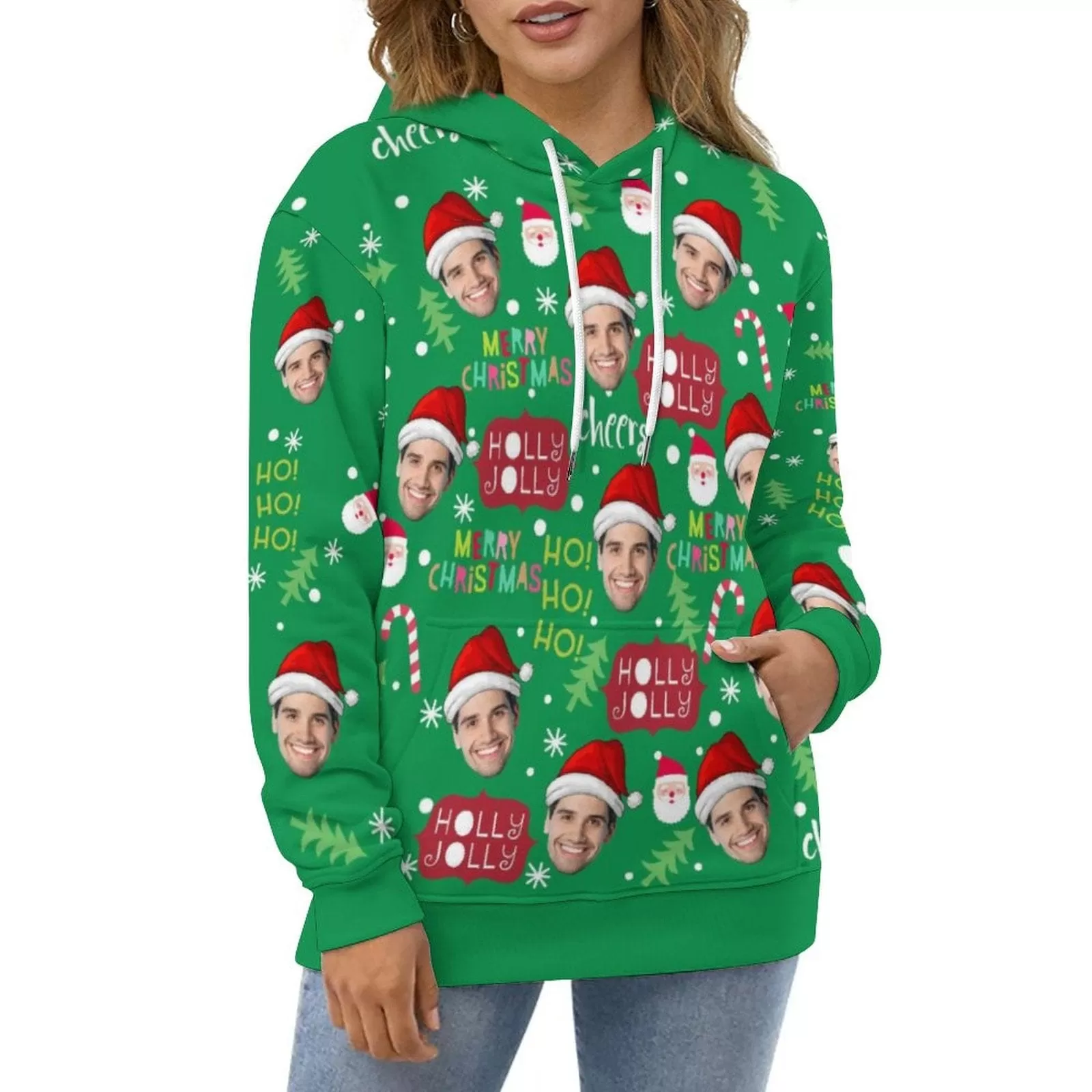 Custom Face Merry Christmas Green Hoodie Ho Ho Ho Unisex Personalized Loose Hoodie Top Outfits