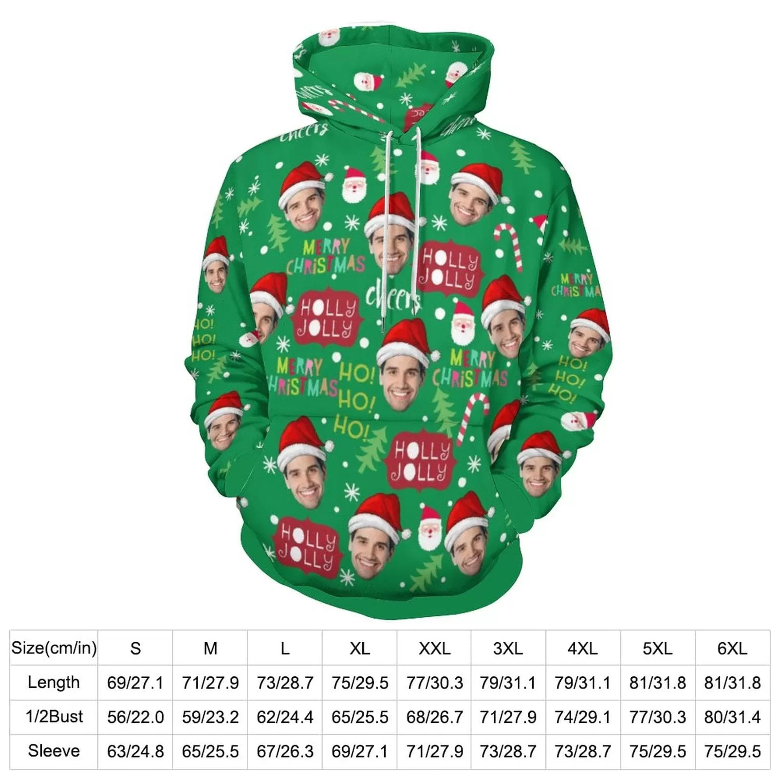 Custom Face Merry Christmas Green Hoodie Ho Ho Ho Unisex Personalized Loose Hoodie Top Outfits