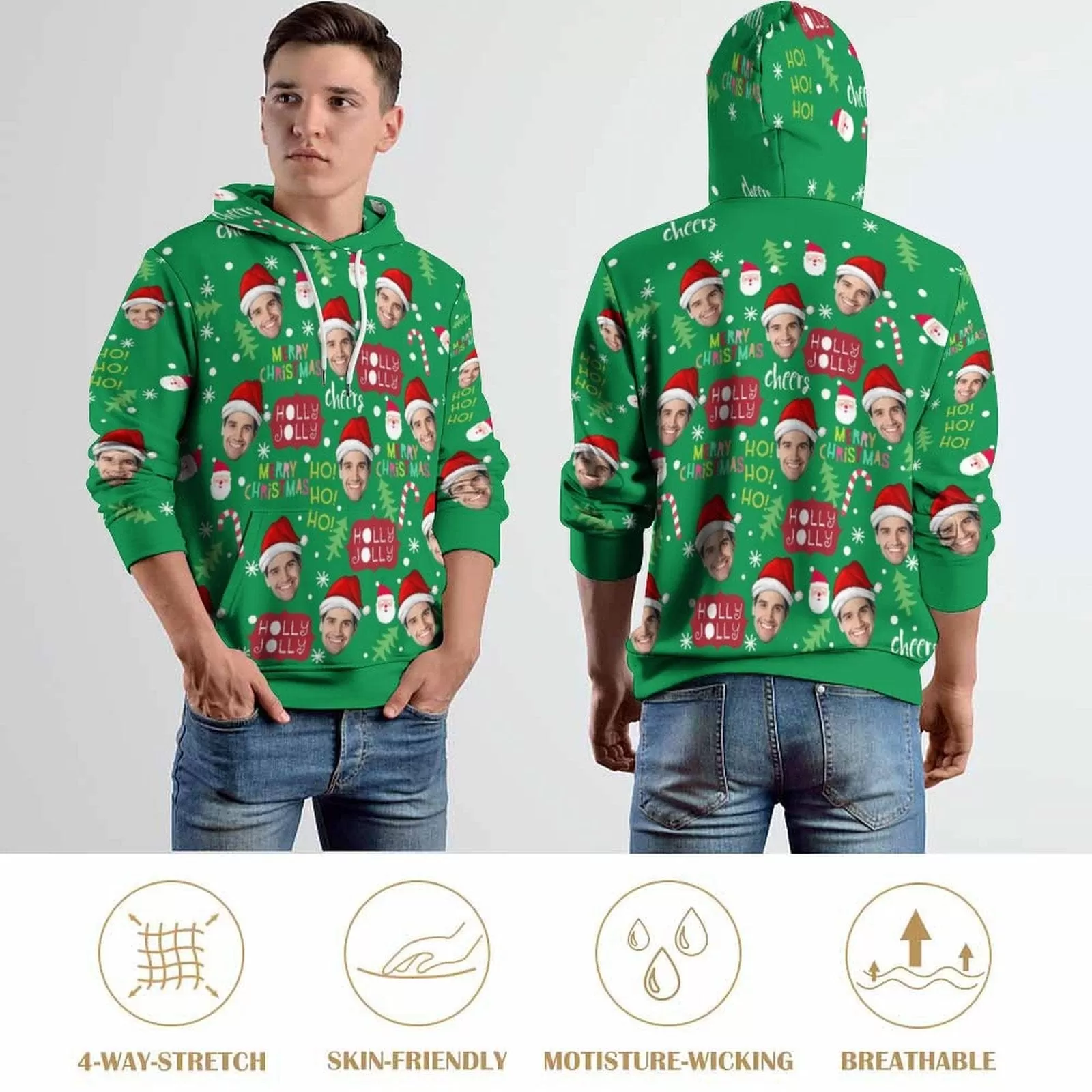 Custom Face Merry Christmas Green Hoodie Ho Ho Ho Unisex Personalized Loose Hoodie Top Outfits