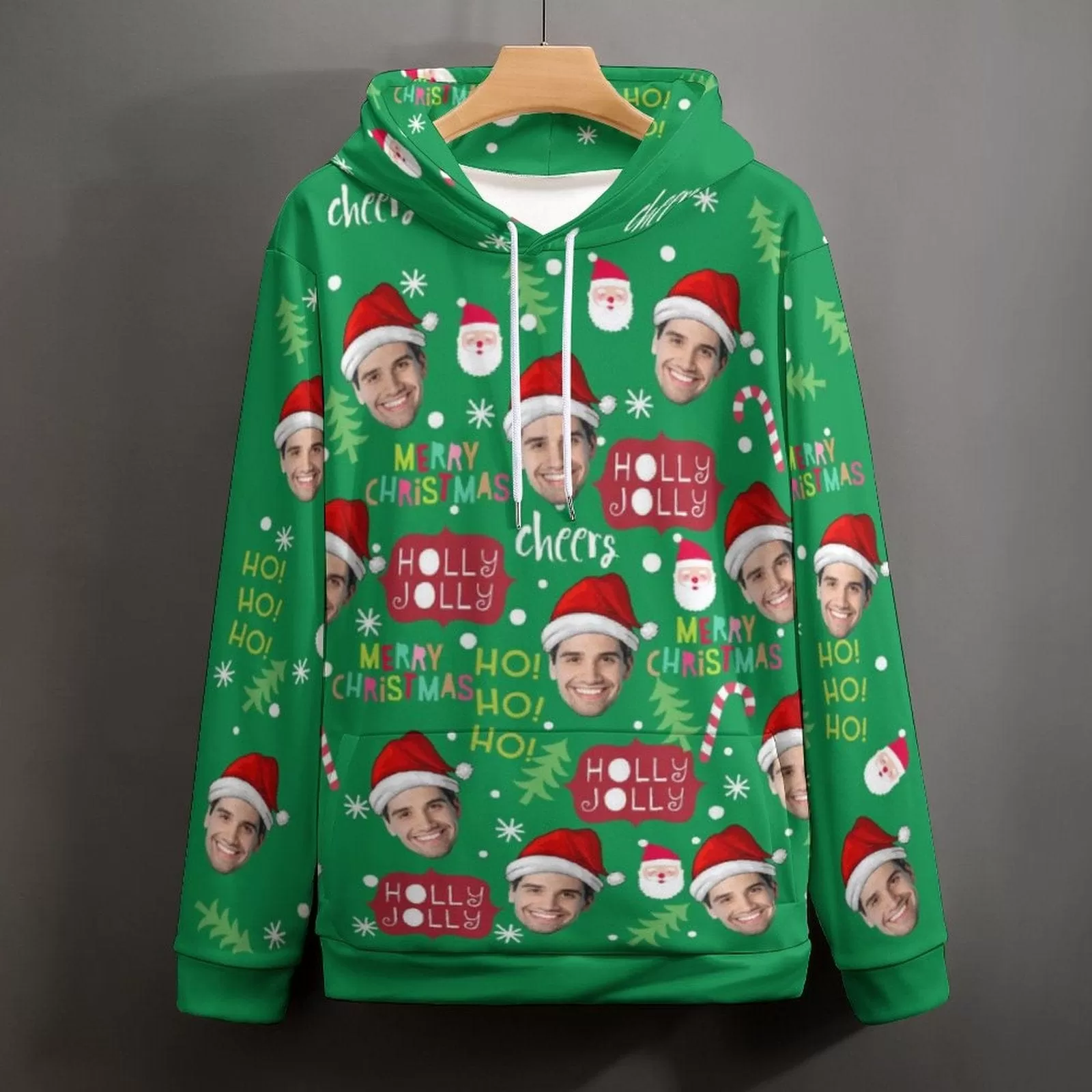 Custom Face Merry Christmas Green Hoodie Ho Ho Ho Unisex Personalized Loose Hoodie Top Outfits