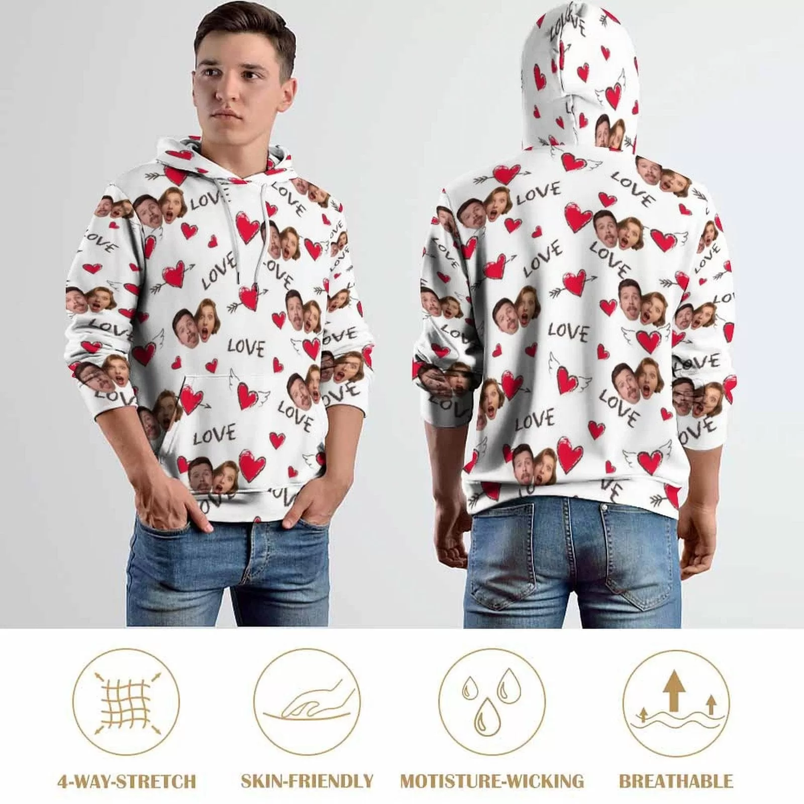 Custom Face Red Heart Love Hoodie Designs Personalized Couple Face Unisex Loose Hoodie with Pictures Custom Hooded Pullover Top Plus Size for Him Her