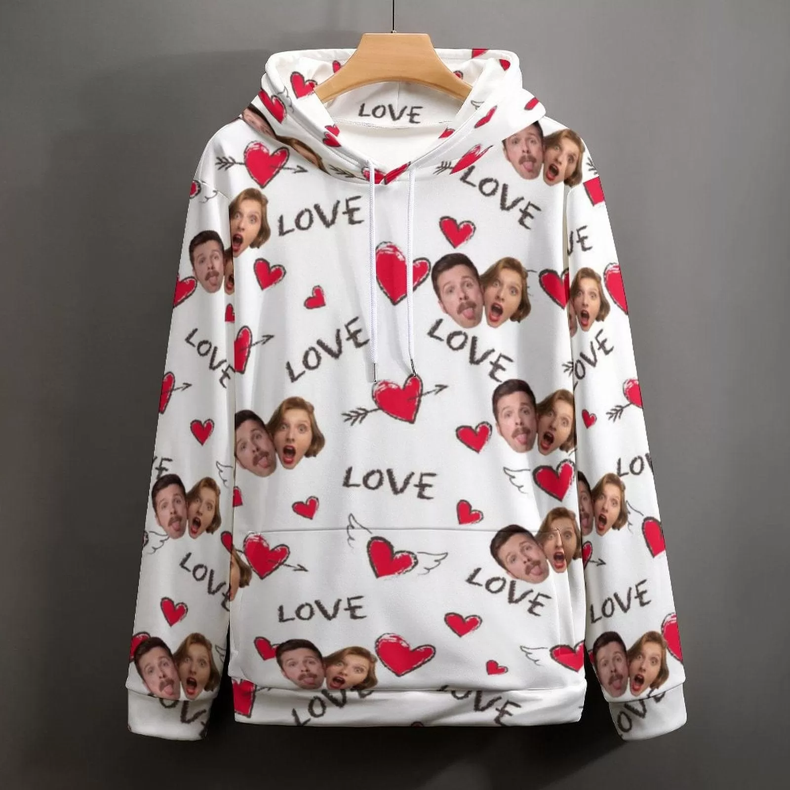 Custom Face Red Heart Love Hoodie Designs Personalized Couple Face Unisex Loose Hoodie with Pictures Custom Hooded Pullover Top Plus Size for Him Her