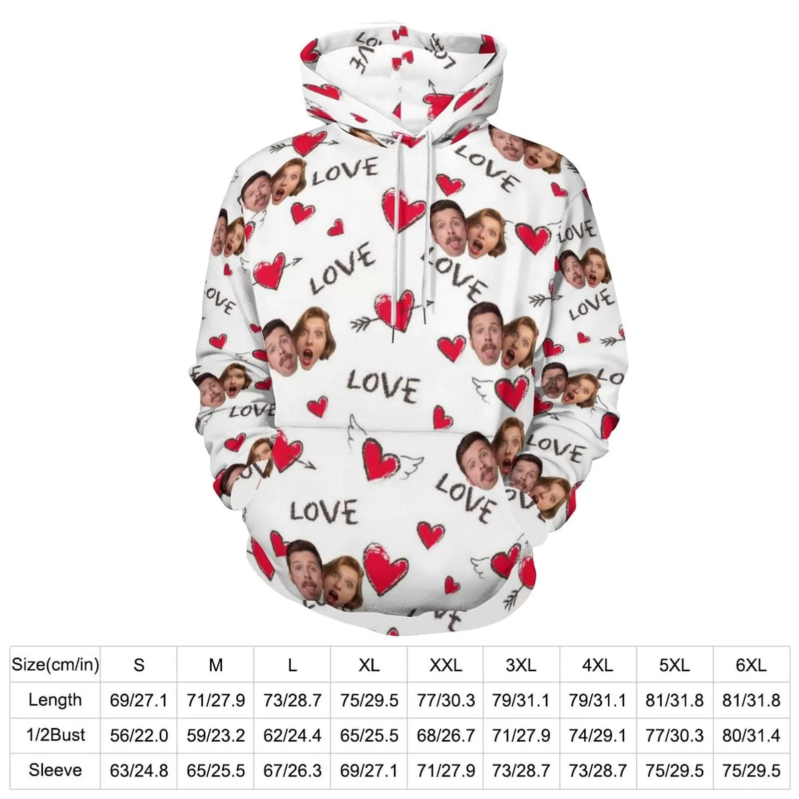 Custom Face Red Heart Love Hoodie Designs Personalized Couple Face Unisex Loose Hoodie with Pictures Custom Hooded Pullover Top Plus Size for Him Her