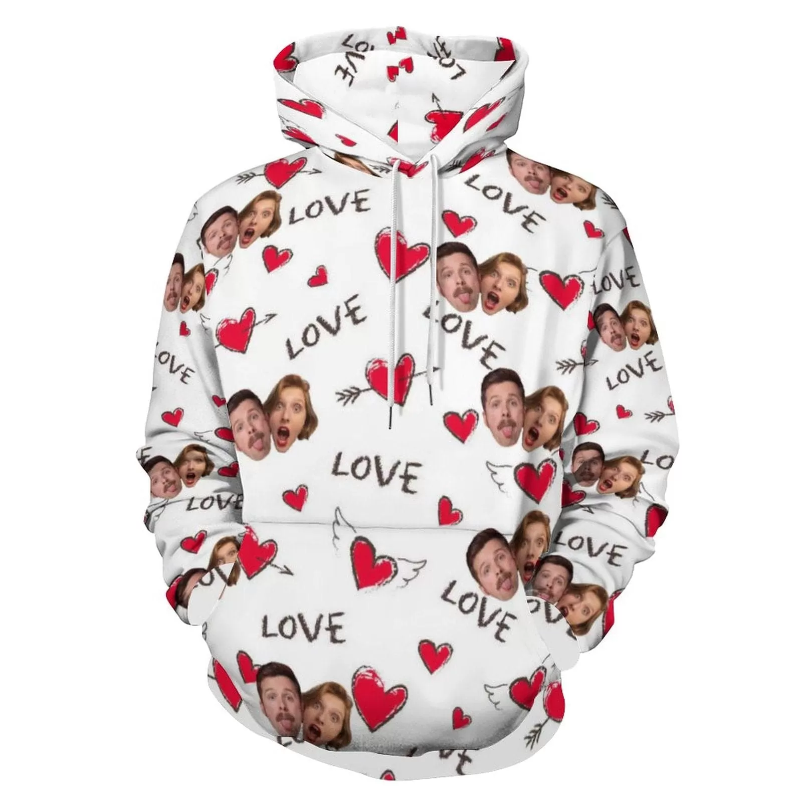 Custom Face Red Heart Love Hoodie Designs Personalized Couple Face Unisex Loose Hoodie with Pictures Custom Hooded Pullover Top Plus Size for Him Her