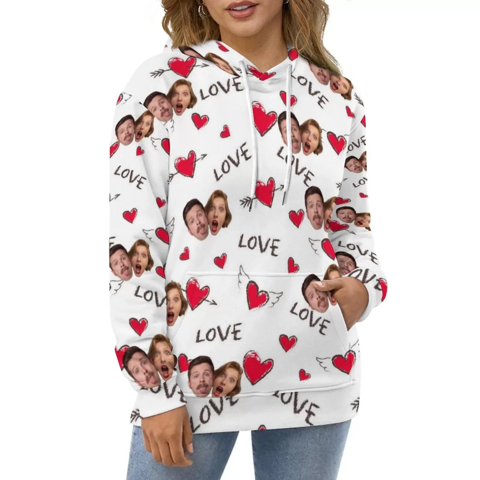 Custom Face Red Heart Love Hoodie Designs Personalized Couple Face Unisex Loose Hoodie with Pictures Custom Hooded Pullover Top Plus Size for Him Her