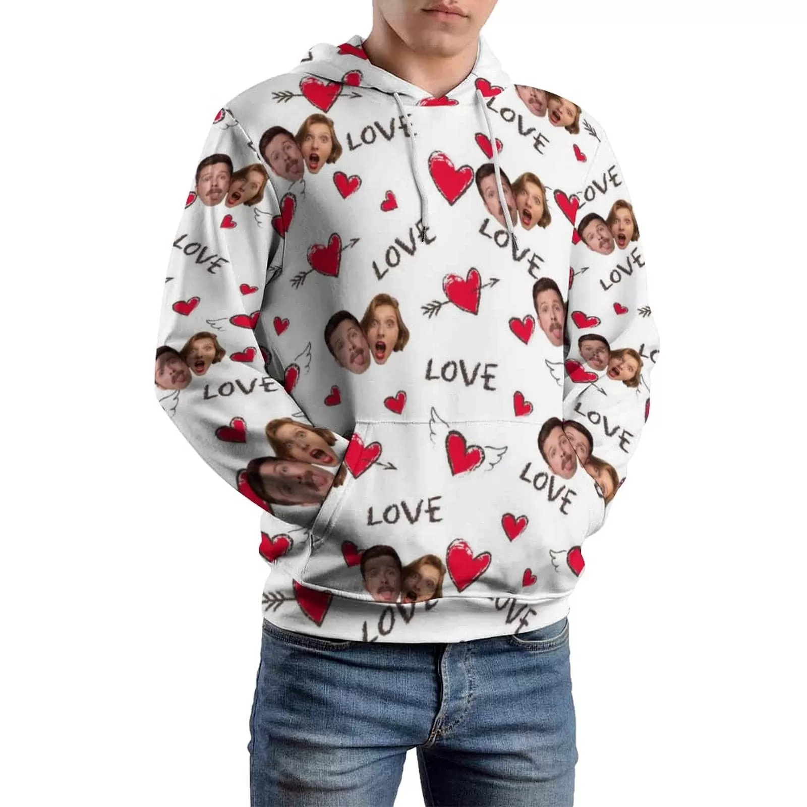 Custom Face Red Heart Love Hoodie Designs Personalized Couple Face Unisex Loose Hoodie with Pictures Custom Hooded Pullover Top Plus Size for Him Her