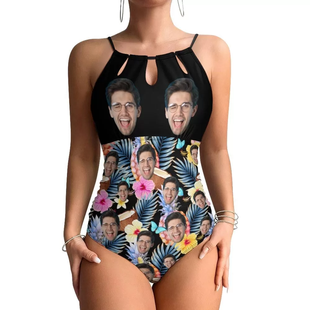 Custom Face Tropical Flowers Swimsuit Personalized Women's One Piece Backless Tie Swimsuit Face Bathing Suit