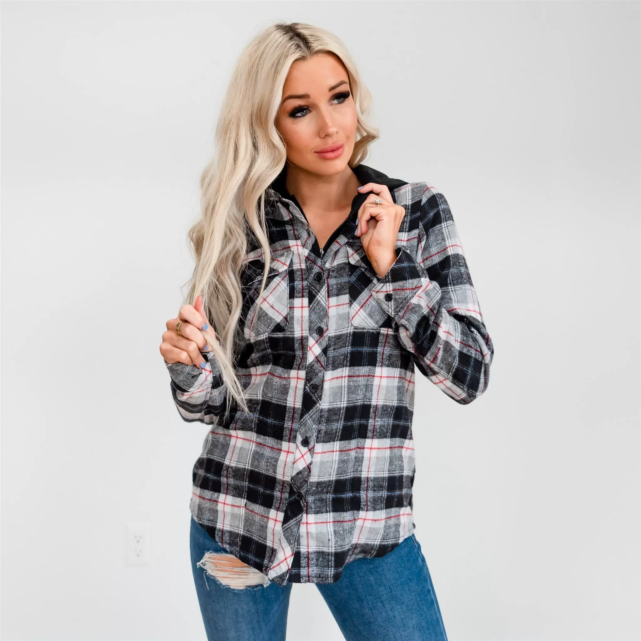 Flannel Hoodie: Ivory/Red Plaid