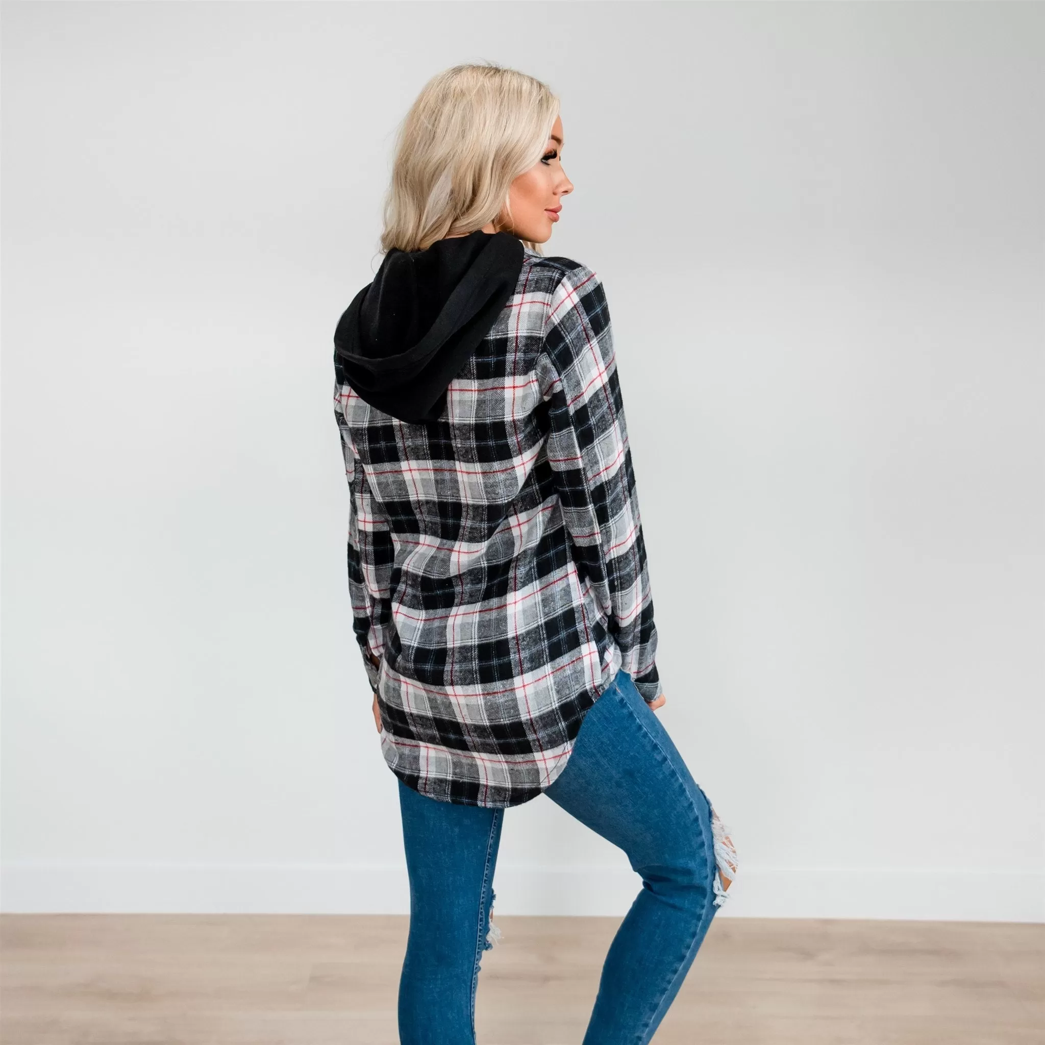 Flannel Hoodie: Ivory/Red Plaid