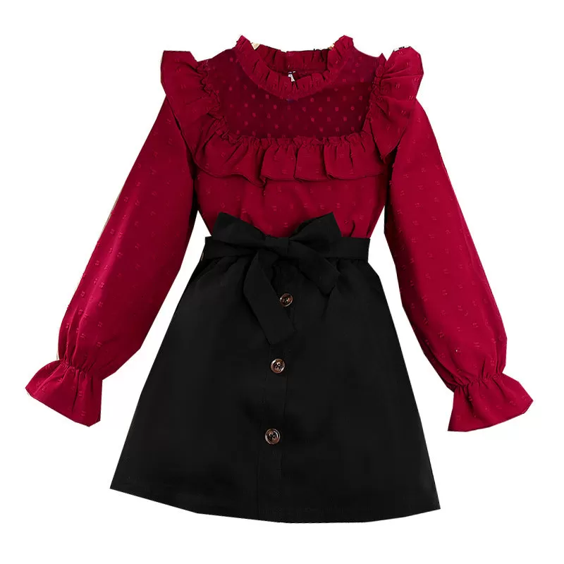 Girls' Mesh Lace Patchwork Top Skirt Two-piece Set