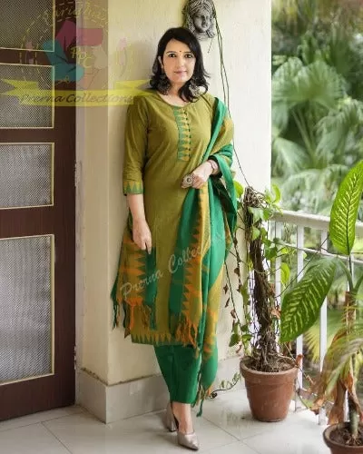 Green South Cotton Handloom Salwar Suit Set