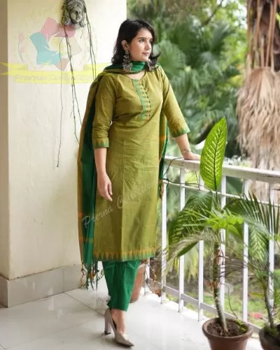 Green South Cotton Handloom Salwar Suit Set