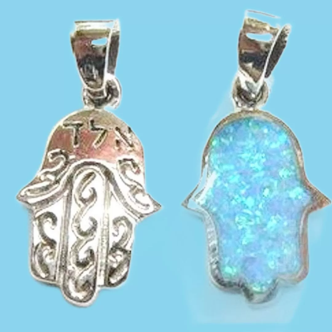 jewish necklace symbols silver hamsa blue opal 16 mm long