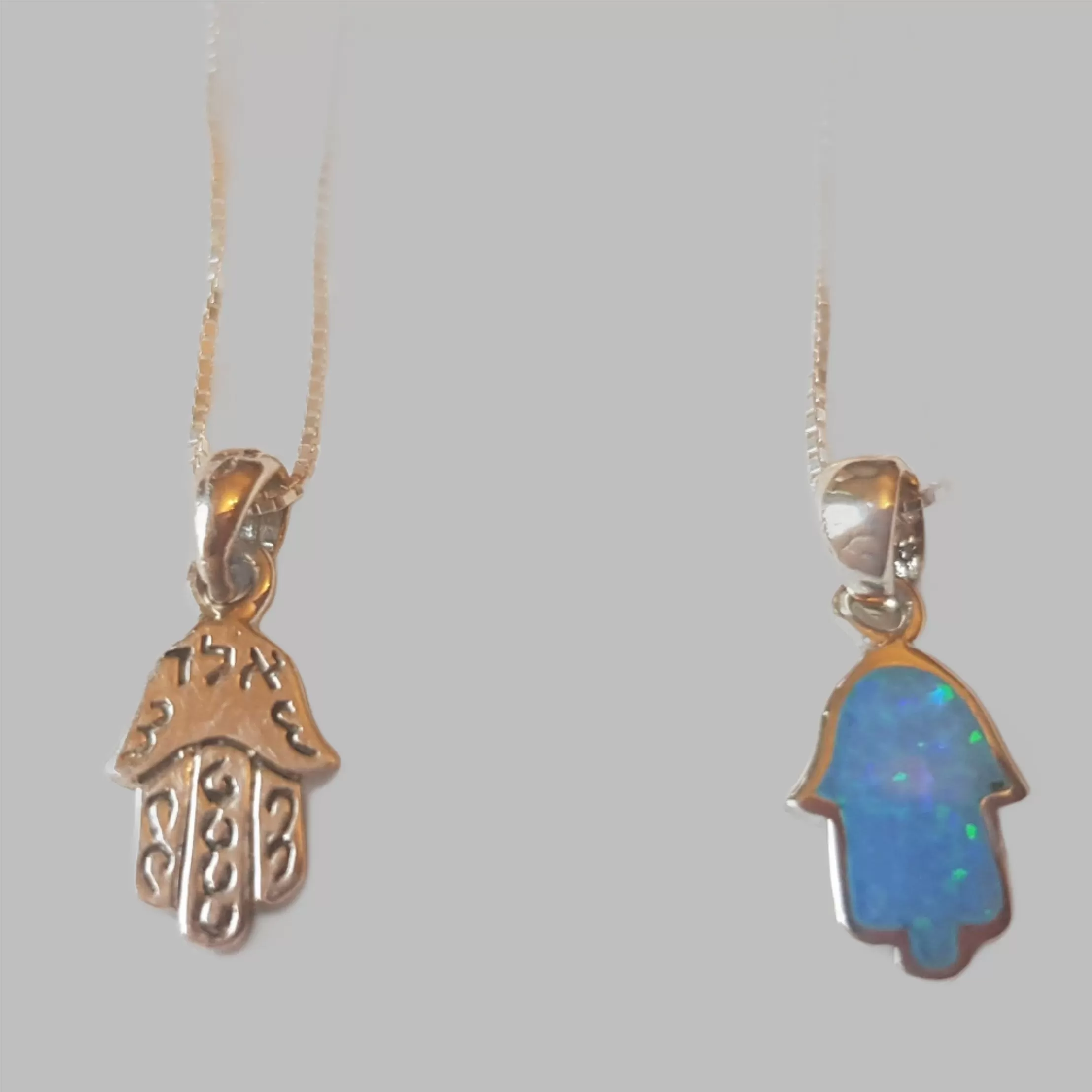 jewish necklace symbols silver hamsa blue opal 16 mm long