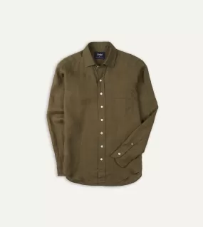 Khaki Green Linen Spread Collar Shirt