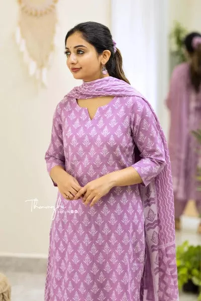 Lilac Cotton Sanganeri Print Straight Salwar Suit Set