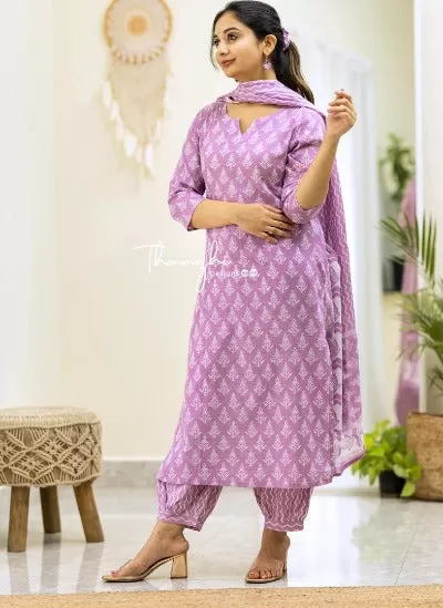 Lilac Cotton Sanganeri Print Straight Salwar Suit Set