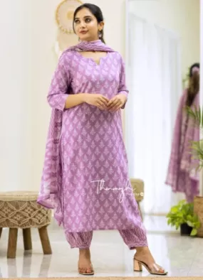 Lilac Cotton Sanganeri Print Straight Salwar Suit Set