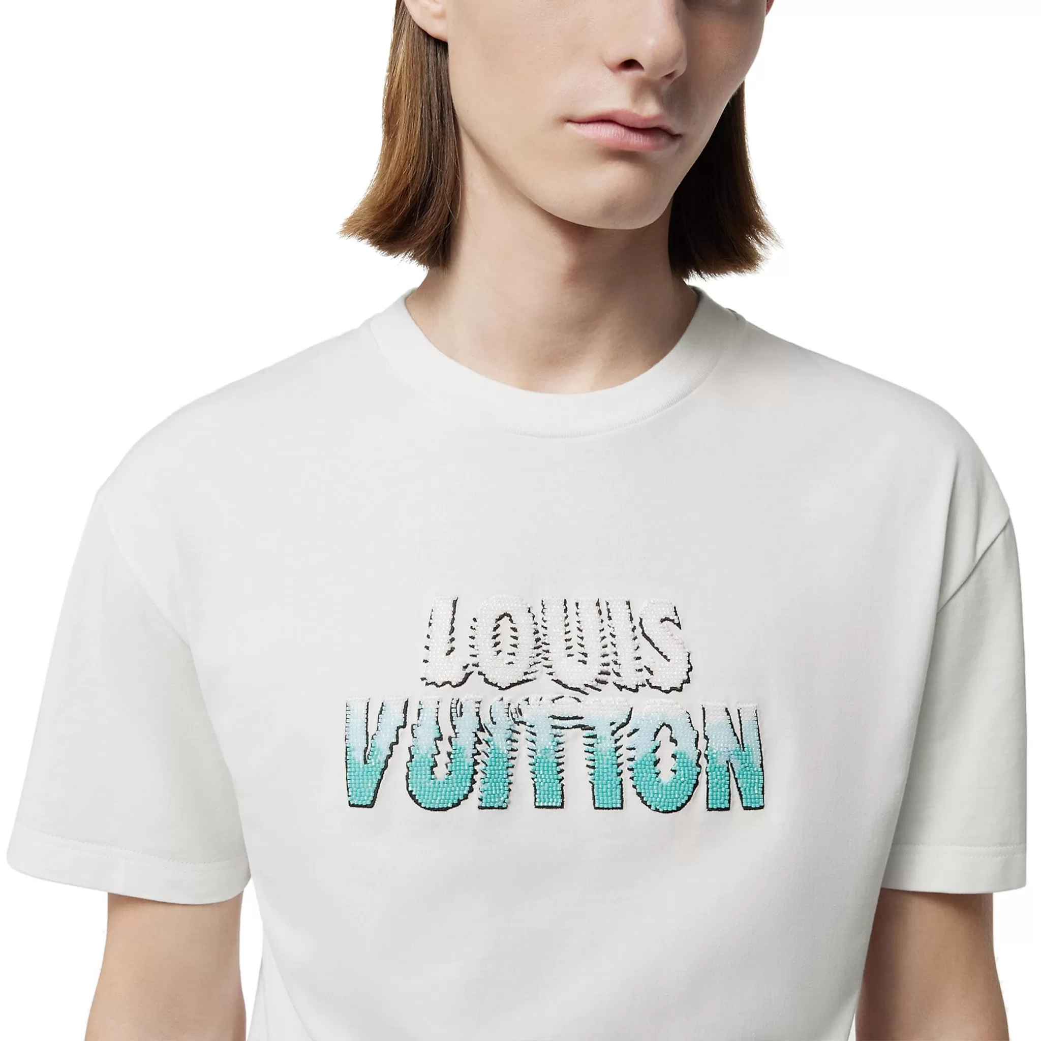 Louis Vuitton Embroidered Splash Beads Cotton Milk White T Shirt