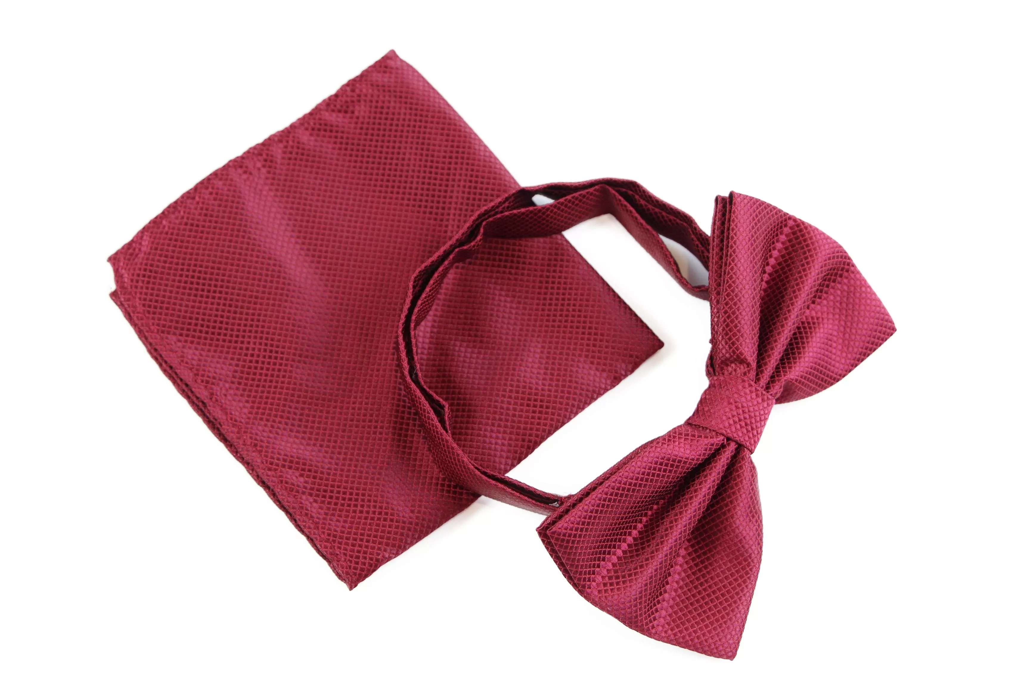 Mens Maroon Plain Coloured Checkered Bow Tie & Matching Pocket Square Set