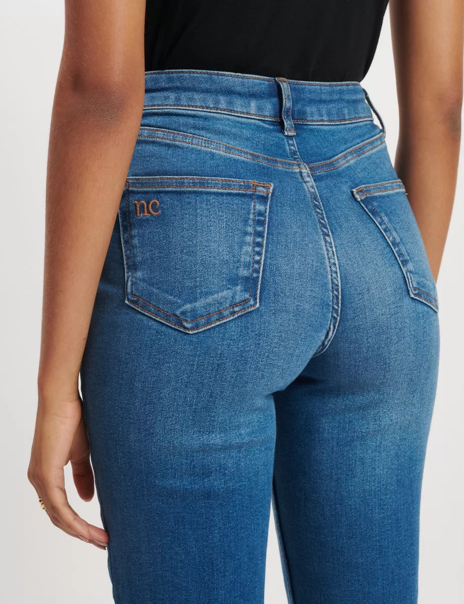 Mid Wash High Rise Slim Leg Jeans