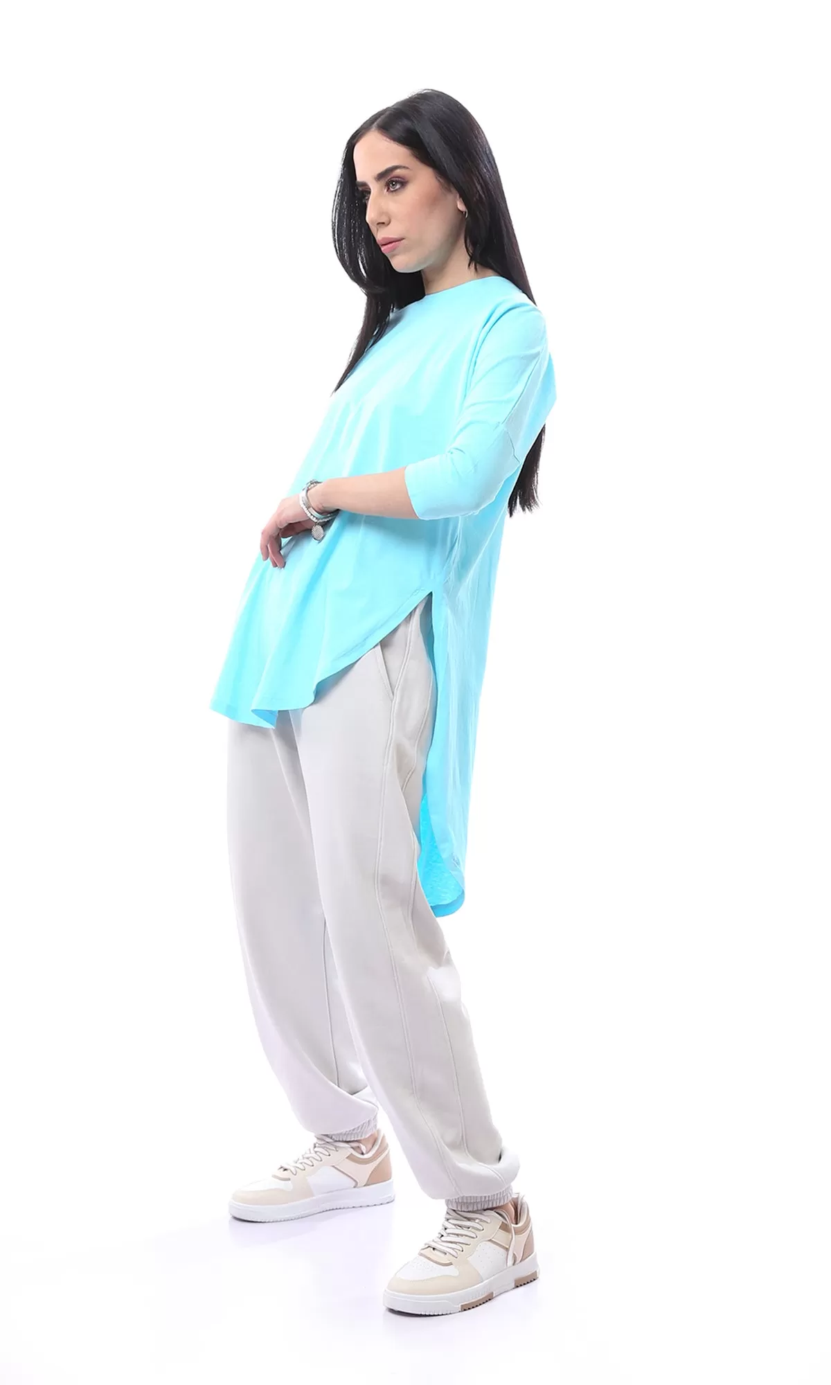 O165465 Sky Blue Loose Elbow Sleeves Solid Long Tee