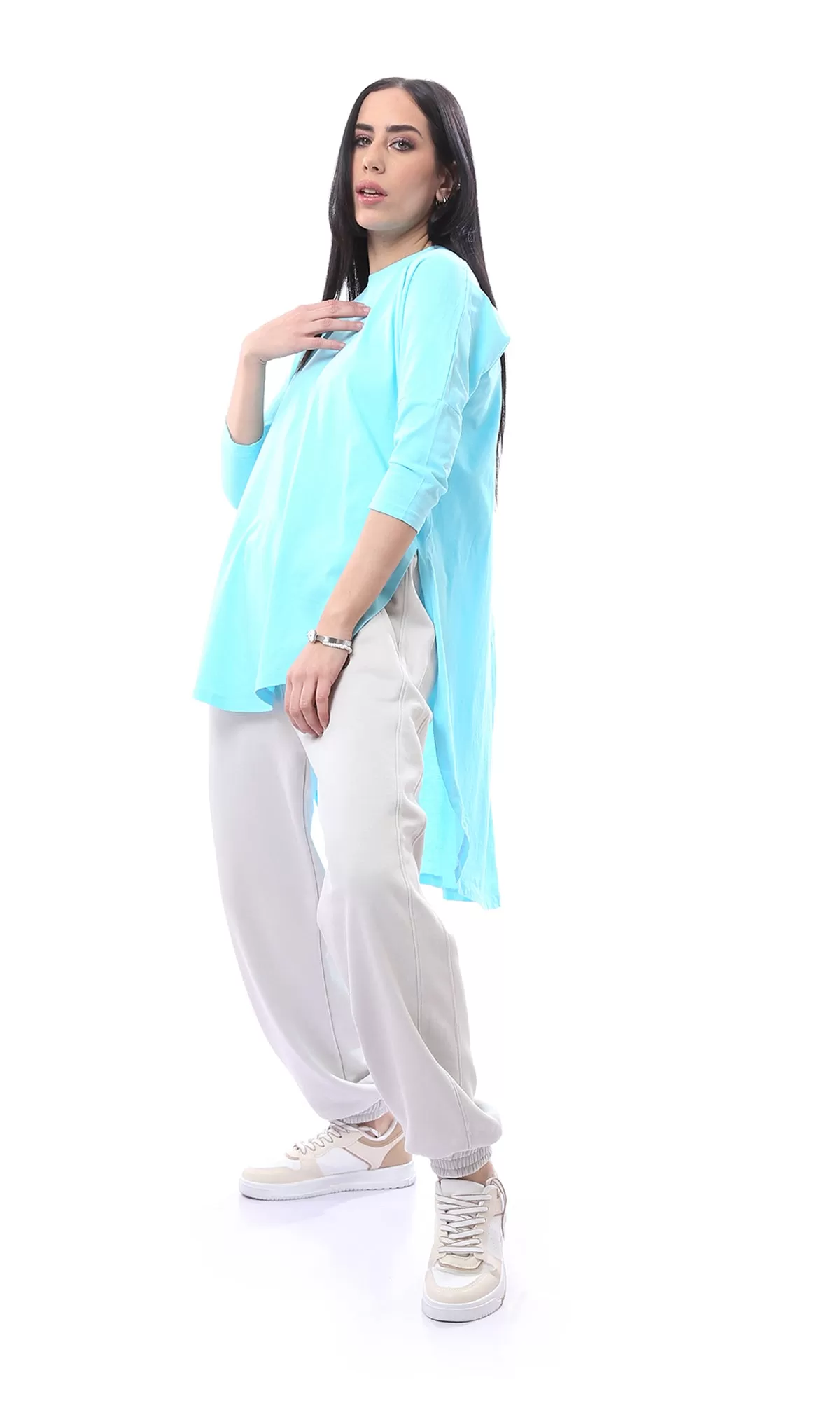 O165465 Sky Blue Loose Elbow Sleeves Solid Long Tee