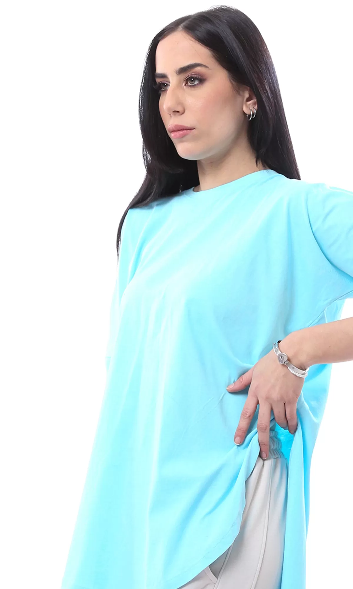 O165465 Sky Blue Loose Elbow Sleeves Solid Long Tee