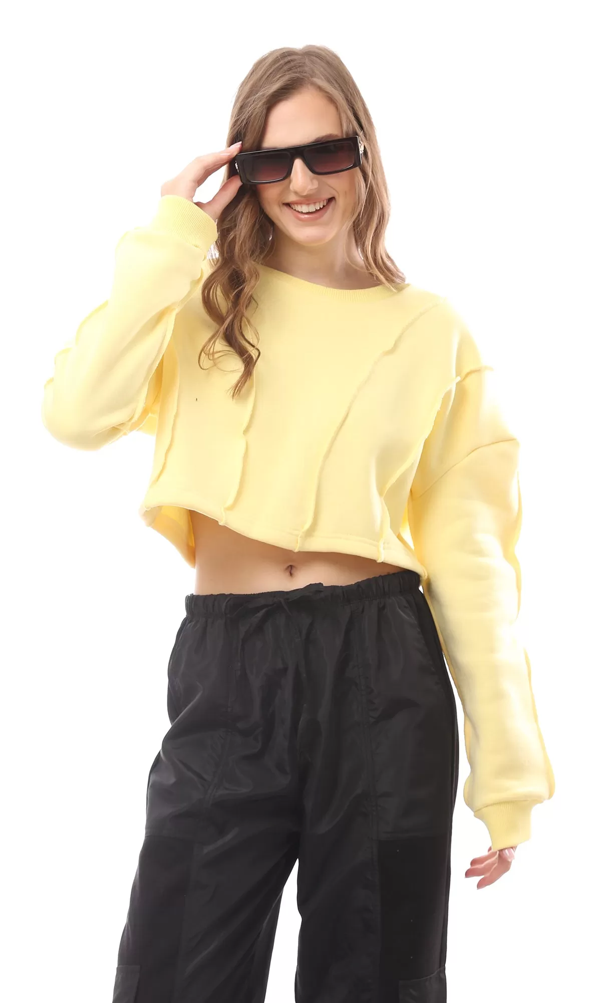 O173494 Yellow Boat Neck Loose Slip On Sweatshirt