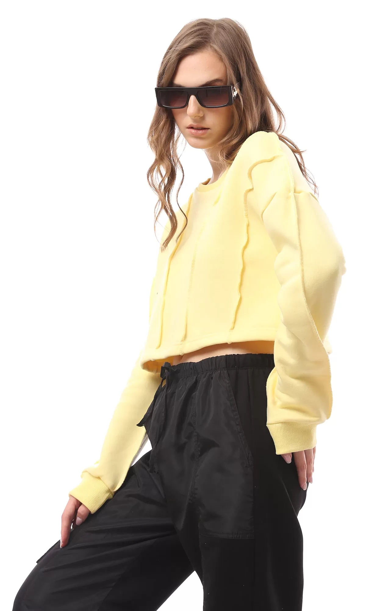 O173494 Yellow Boat Neck Loose Slip On Sweatshirt