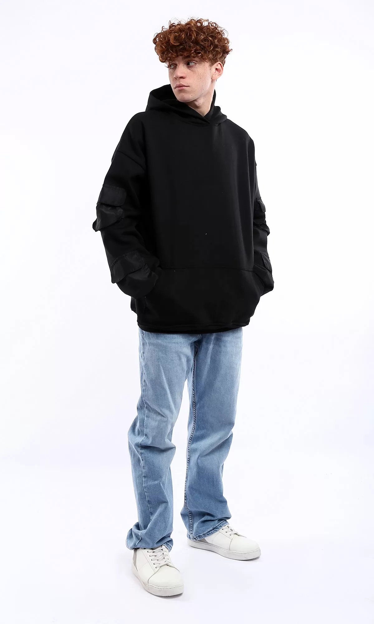 O176714 Black Solid Hoodie With Waterproof Patched Pockets