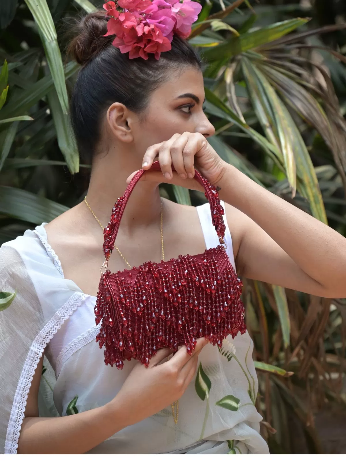 Odette Maroon Tassels Embellished Clutch Bag For Women