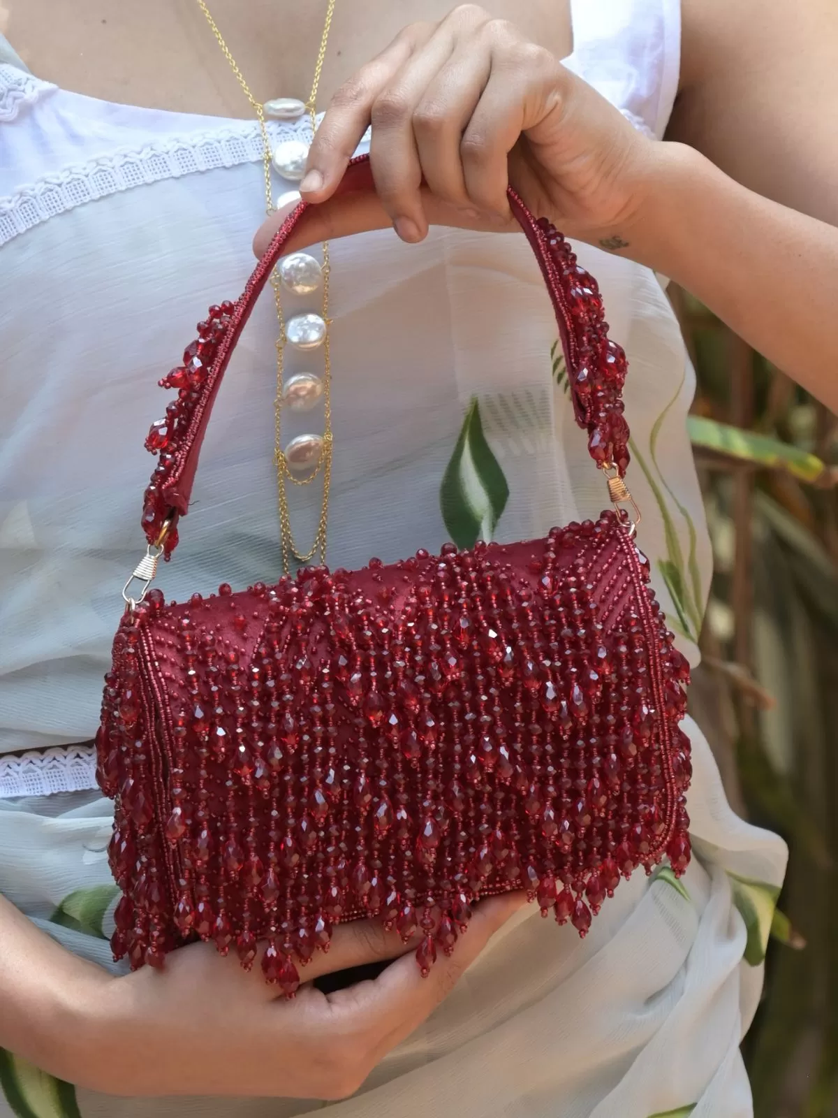 Odette Maroon Tassels Embellished Clutch Bag For Women