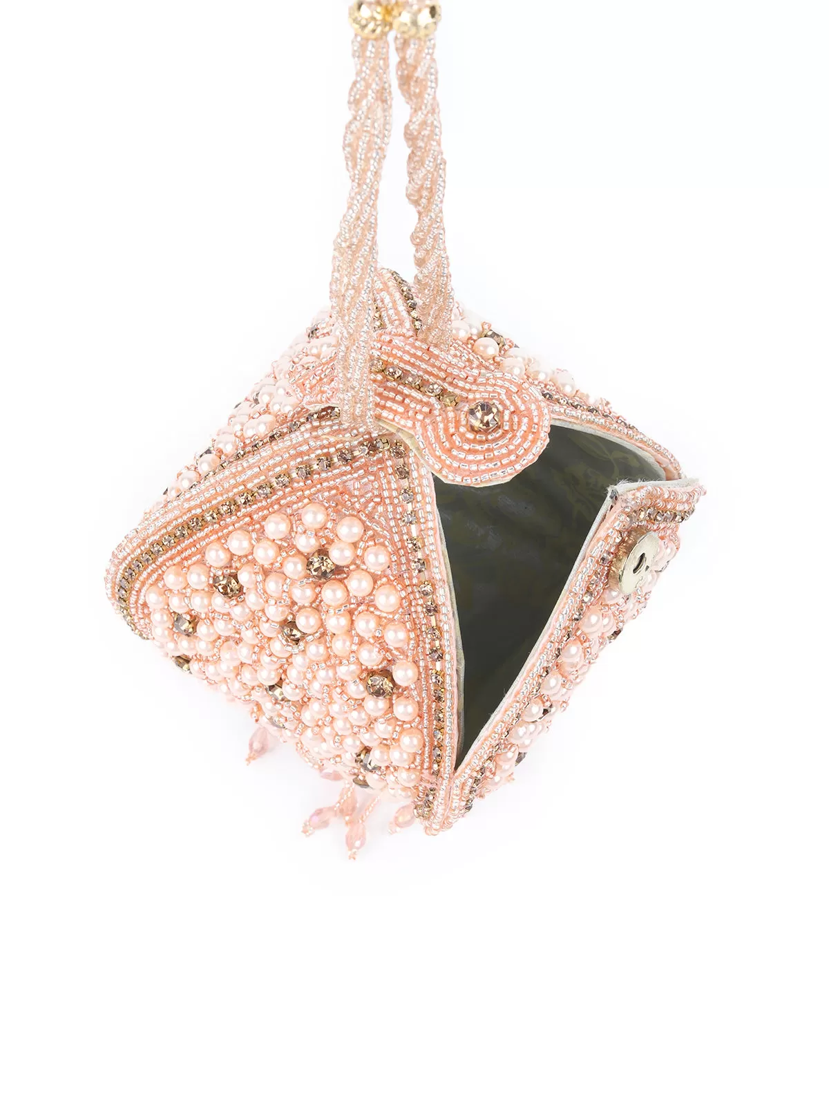 Odette Peach Pearl and Stone Embellished Clutch for Women