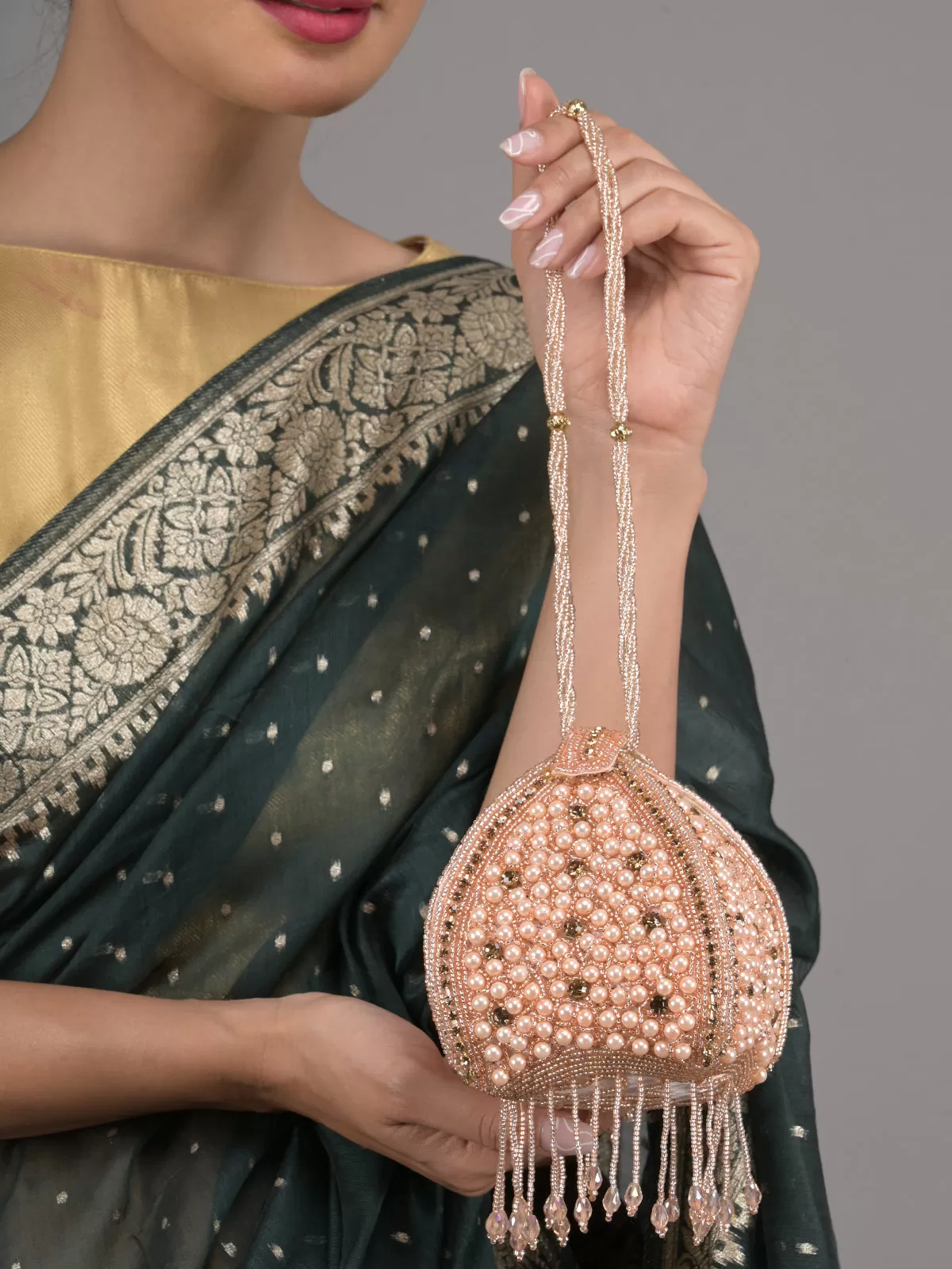 Odette Peach Pearl and Stone Embellished Clutch for Women