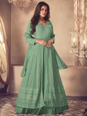 Odette Women Light Green Faux Georgette Semi Stitched Kurta Set